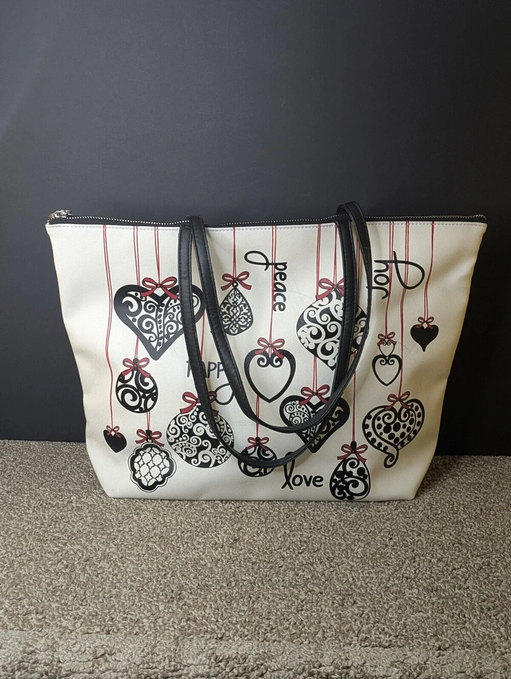 Brighton Love Notes Tote Bag White Faux Saffiano Leather Christmas Ornaments